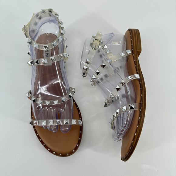 Steve Madden Travel Strappy Gladiator Studded Clear Silver Sandal Womens 8M - Picture 7 of 10